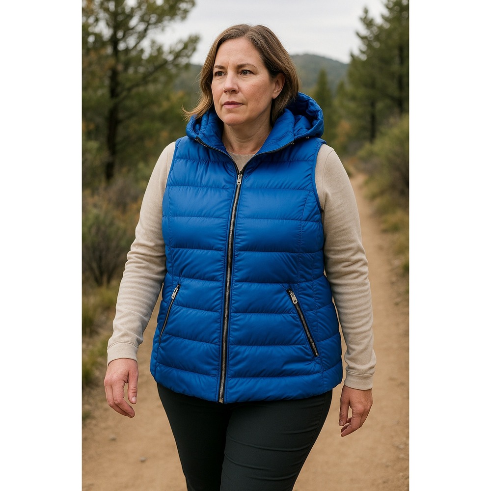 MY ANORAK Womens Blue Hooded Puffer Vest‎ Down Fill Zip Front XL